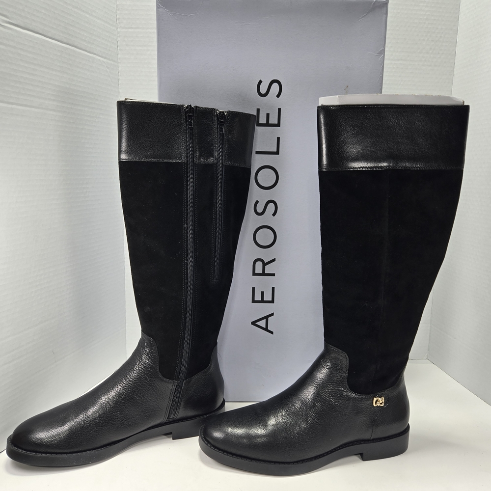AEROSOLES Taba Black Suede Knee-High Two Zipper Expand Calf Riding Boot Size 7.5 - Picture 2 of 13